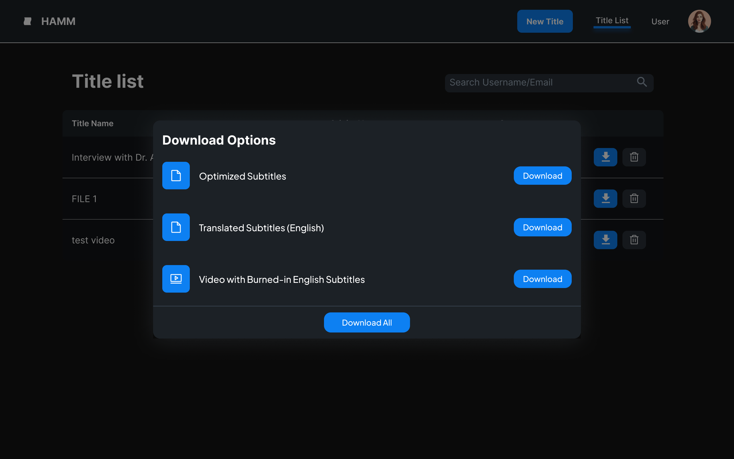 HAMM platform interface with download options