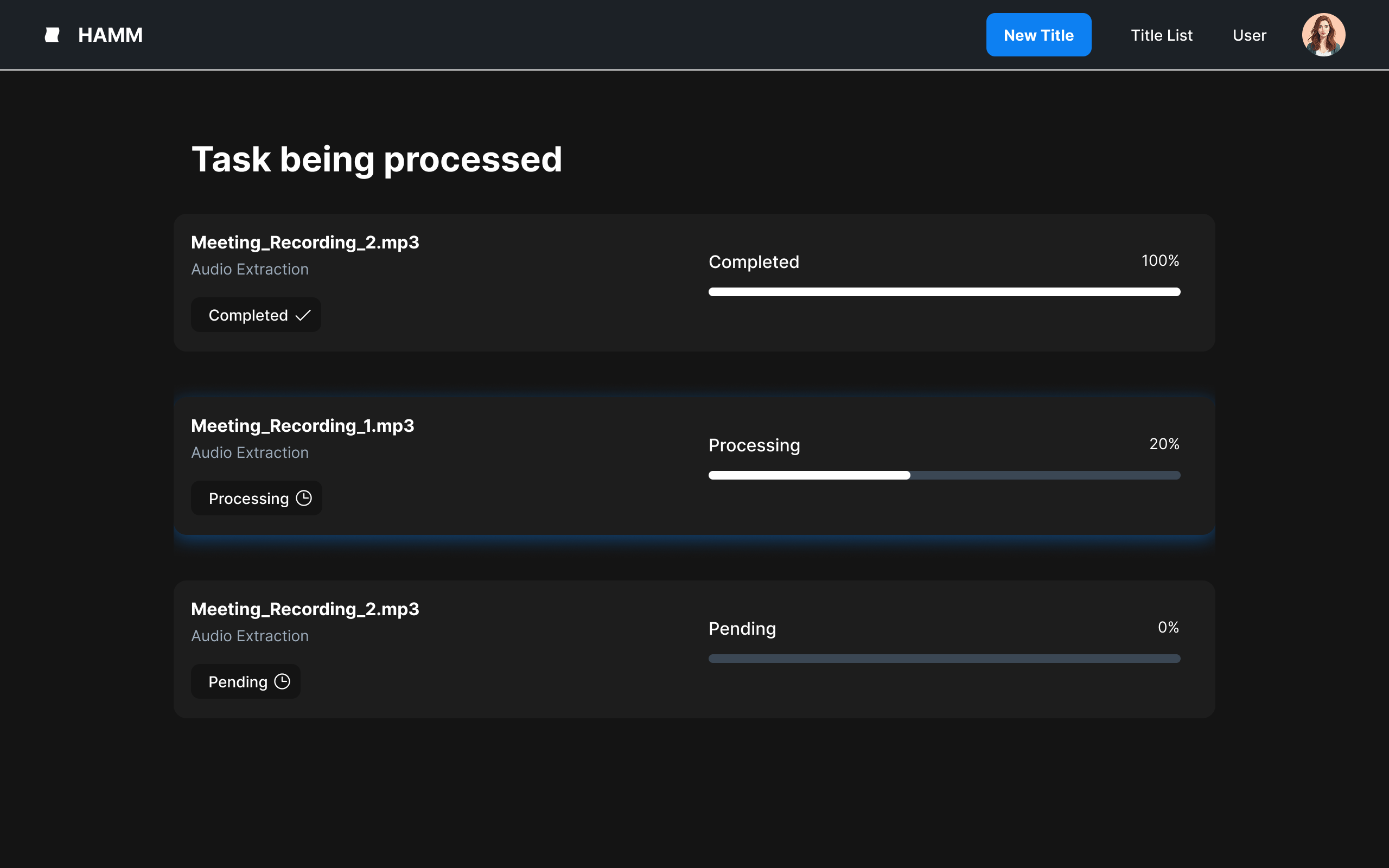 HAMM task processing status